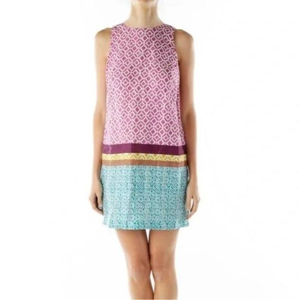 LOFT Linen Sleeveless Shift‎ Dress Size 10 Geometric Mixed Print Tribal Boho